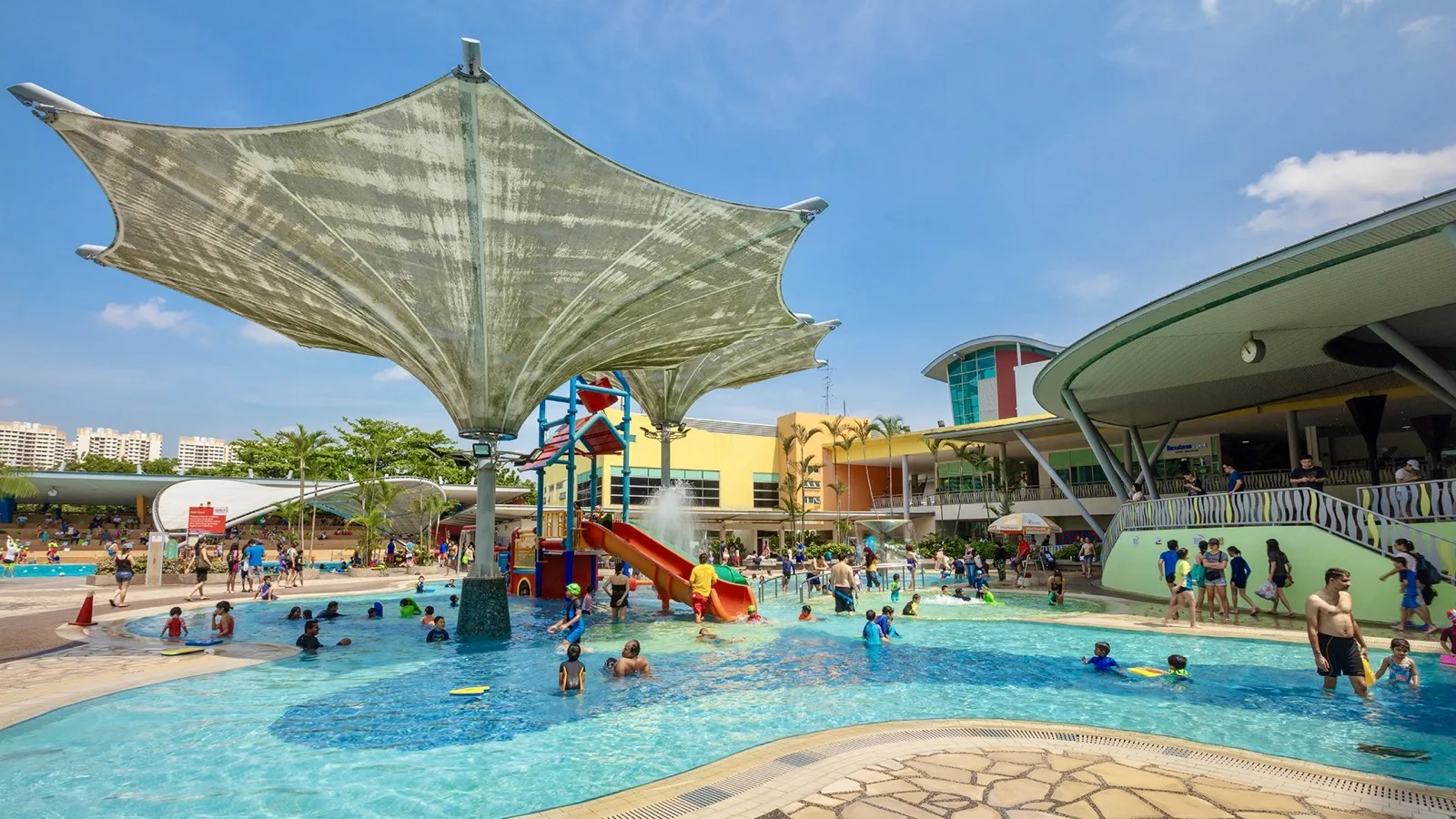 Colourful water slides at Sengkang Swimming Complex including Sugar Rush and Rainbow Dash